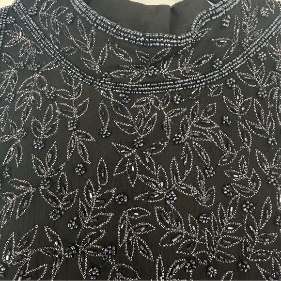 Papell Boutique Evening Top Size Large Black Beaded Floral Mock Neck Formal Silk - Picture 3 of 7